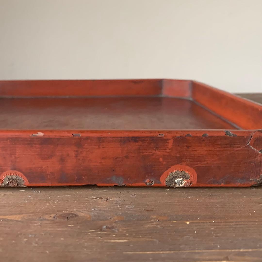 隅切 折敷 朱塗り盆 No.2 古美術 古道具 アンティーク 盆 折敷盆