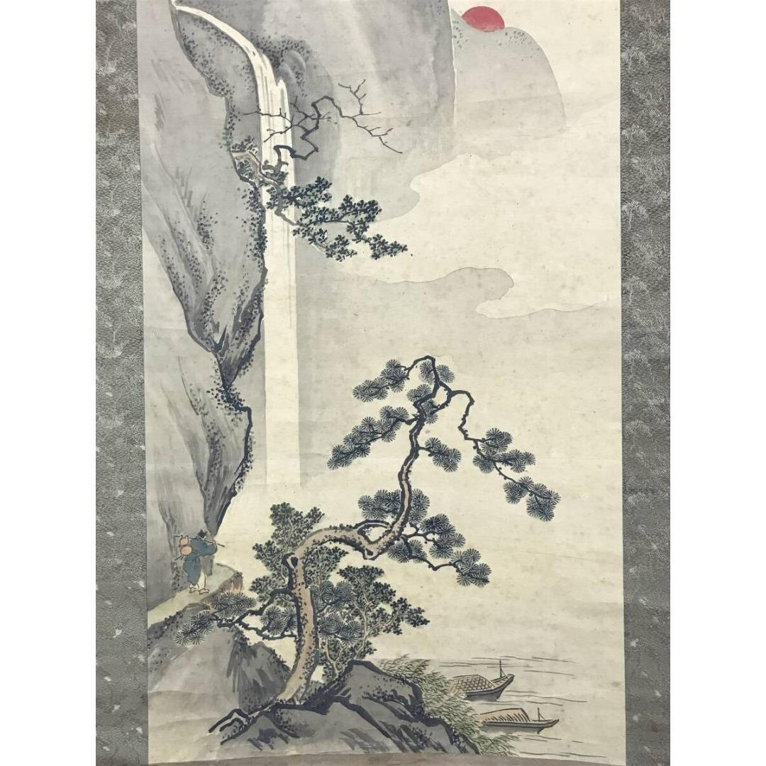 真作/狩野善信/滝山水人物図/掛軸/名家伝来/AK-239