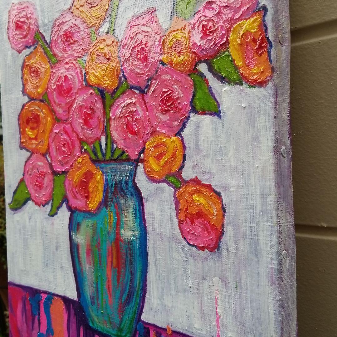 油絵　よっこ確認　ピンクとオレンジ色の花を差した花瓶