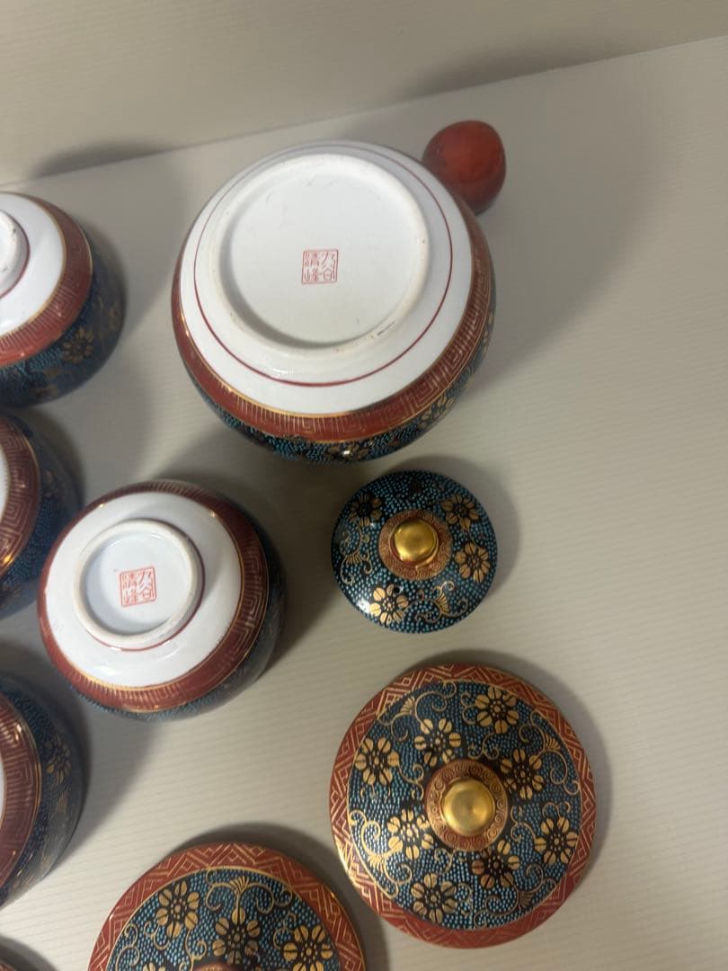 2086 九谷焼　青粒　茶器セット　急須1客　湯呑蓋付5客　金彩