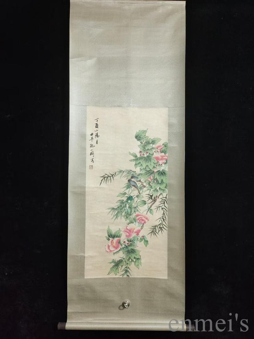 中国古美術.近代.孔小瑜款.花鳥図.宣紙.三尺手描き.水墨画.掛け軸.唐物.文房