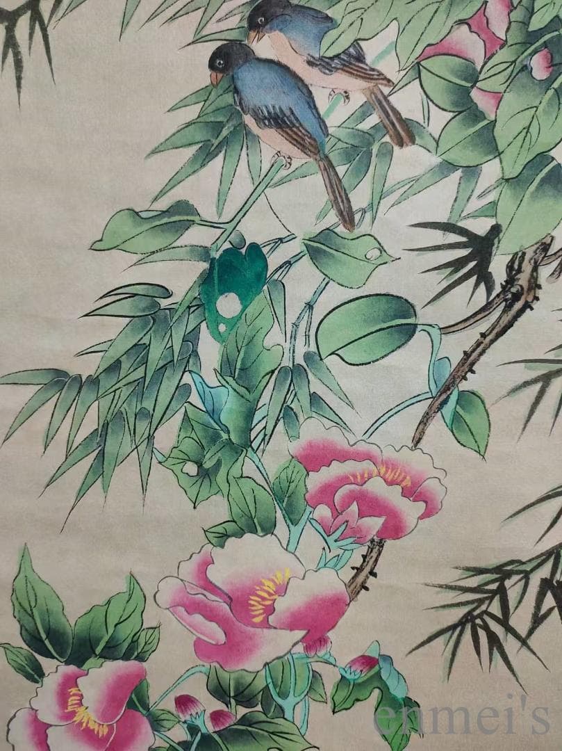 中国古美術.近代.孔小瑜款.花鳥図.宣紙.三尺手描き.水墨画.掛け軸.唐物.文房