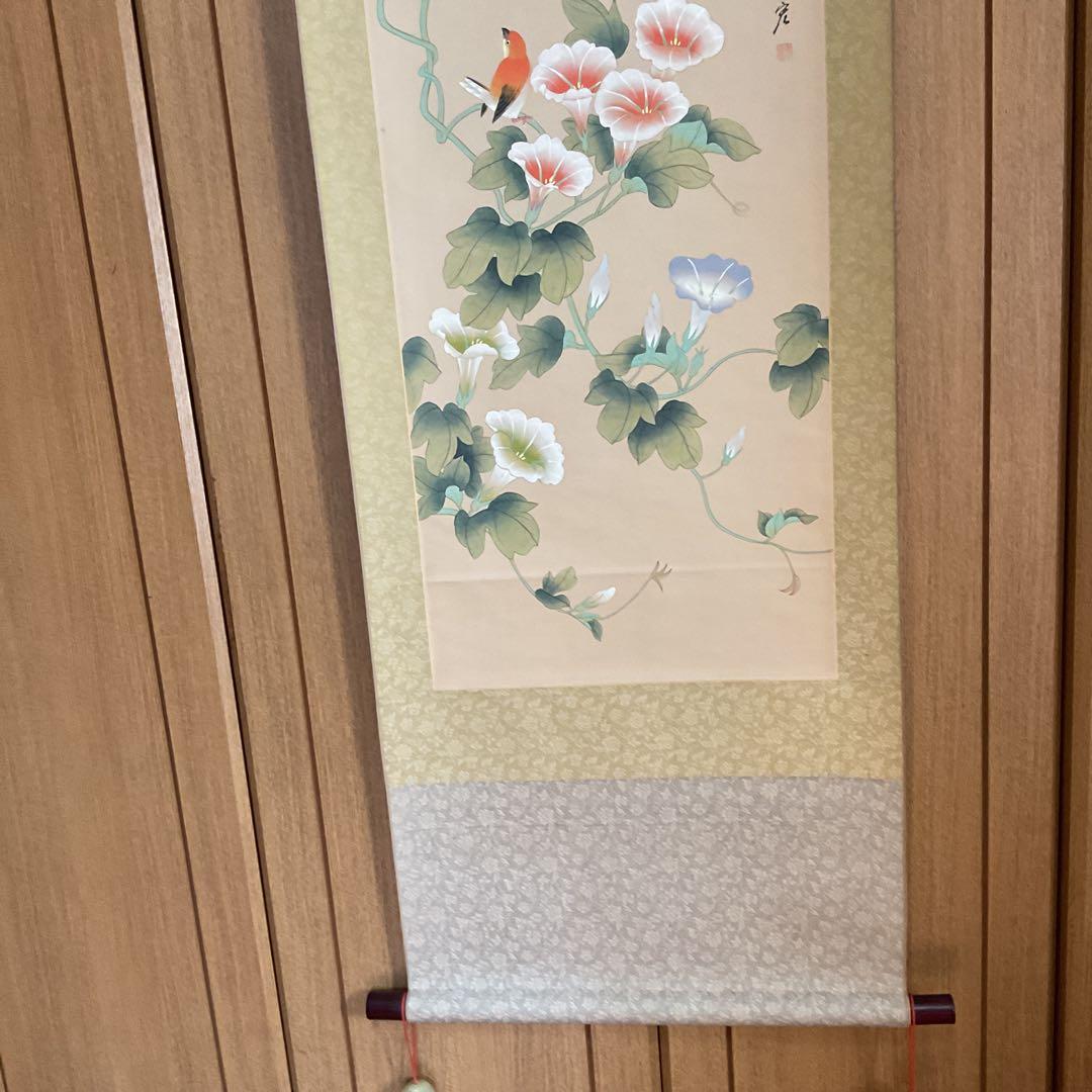 花鳥画 絹本 彩色画 ？中国画 朝顔に小禽図 軸先紫檀 タトウ箱
