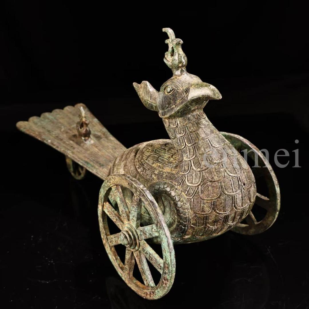 中国古美術・珍品旧藏・青銅製の鳳鳥車・鏨刻・純銅製・高浮彫・置物・風水開運・置物