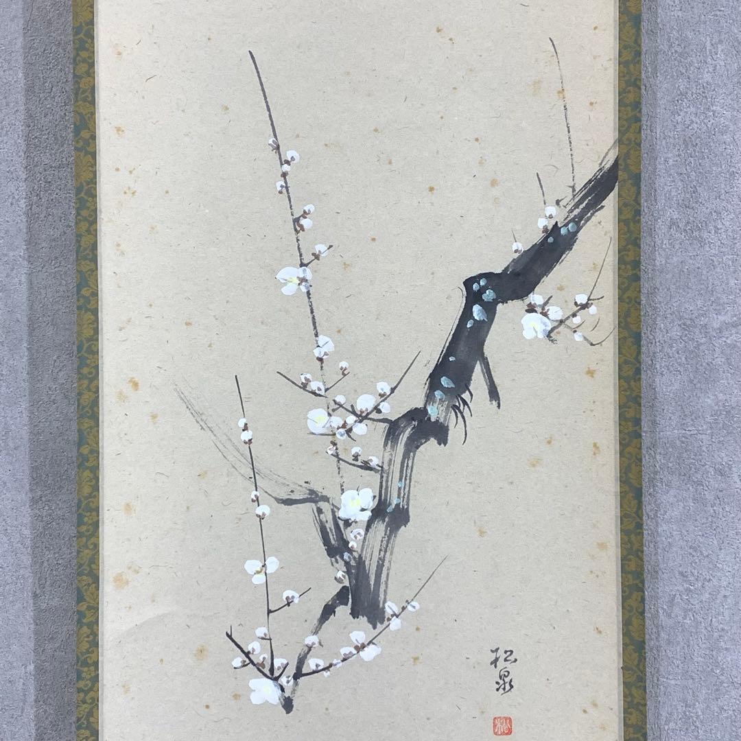 掛軸 雪尾要道 春風 共箱 画賛 白梅 春 茶掛 茶道具 6-31