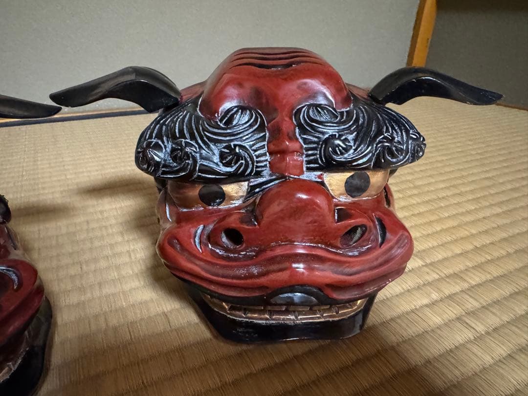 母のお茶道具の仲間たち　 レトロ 獅子頭 雄雌木彫 最大幅21〜25、高13cm