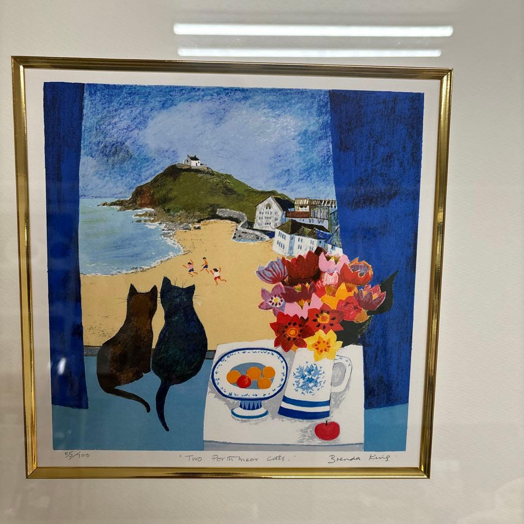 ブレンダ・キング 黒猫・幸せなカップル猫の絵「窓辺の猫」
