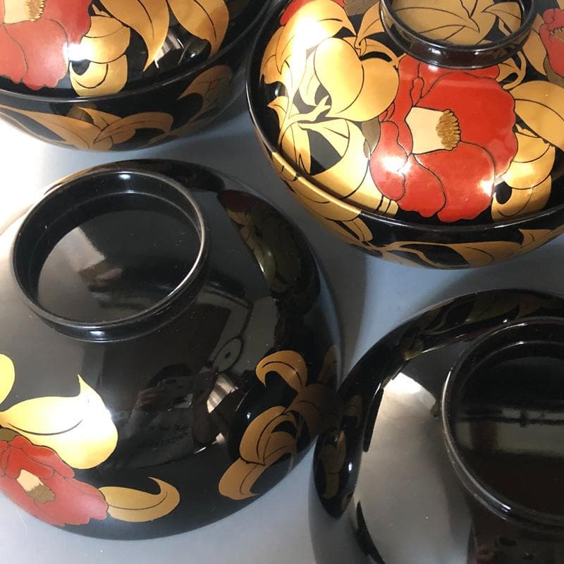 ◆506◆椿蒔絵　仙才吸物椀　木製漆器 平安堂 造 己ん典 作　五客