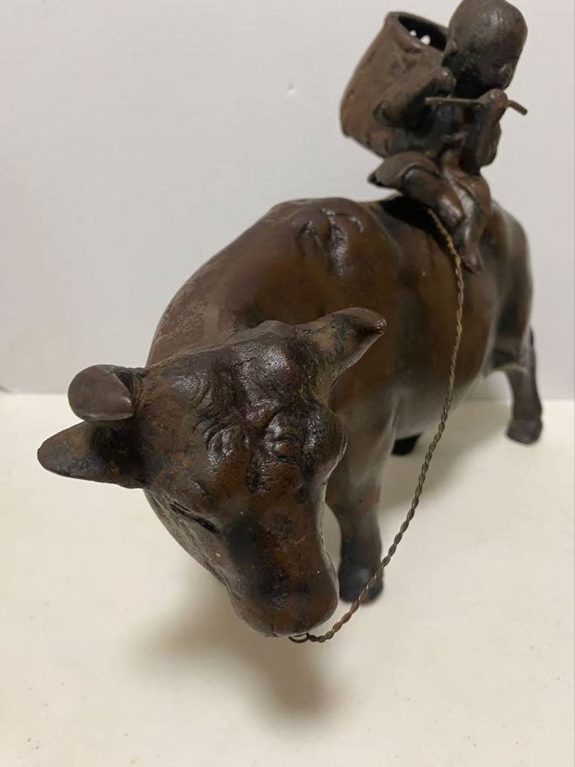 鉄製 牛笛吹童子騎牛帰家 置物 時代品