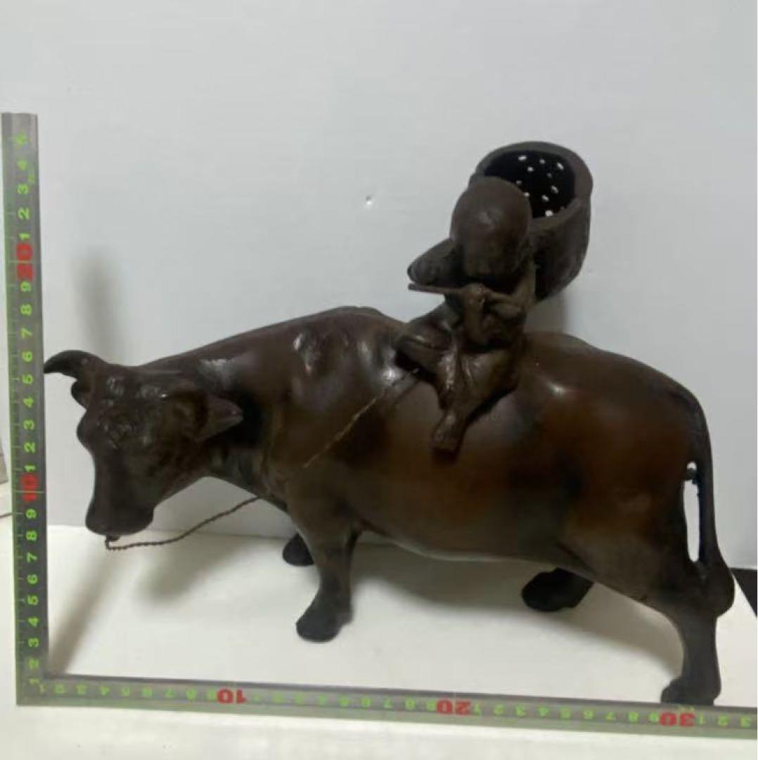 鉄製 牛笛吹童子騎牛帰家 置物 時代品
