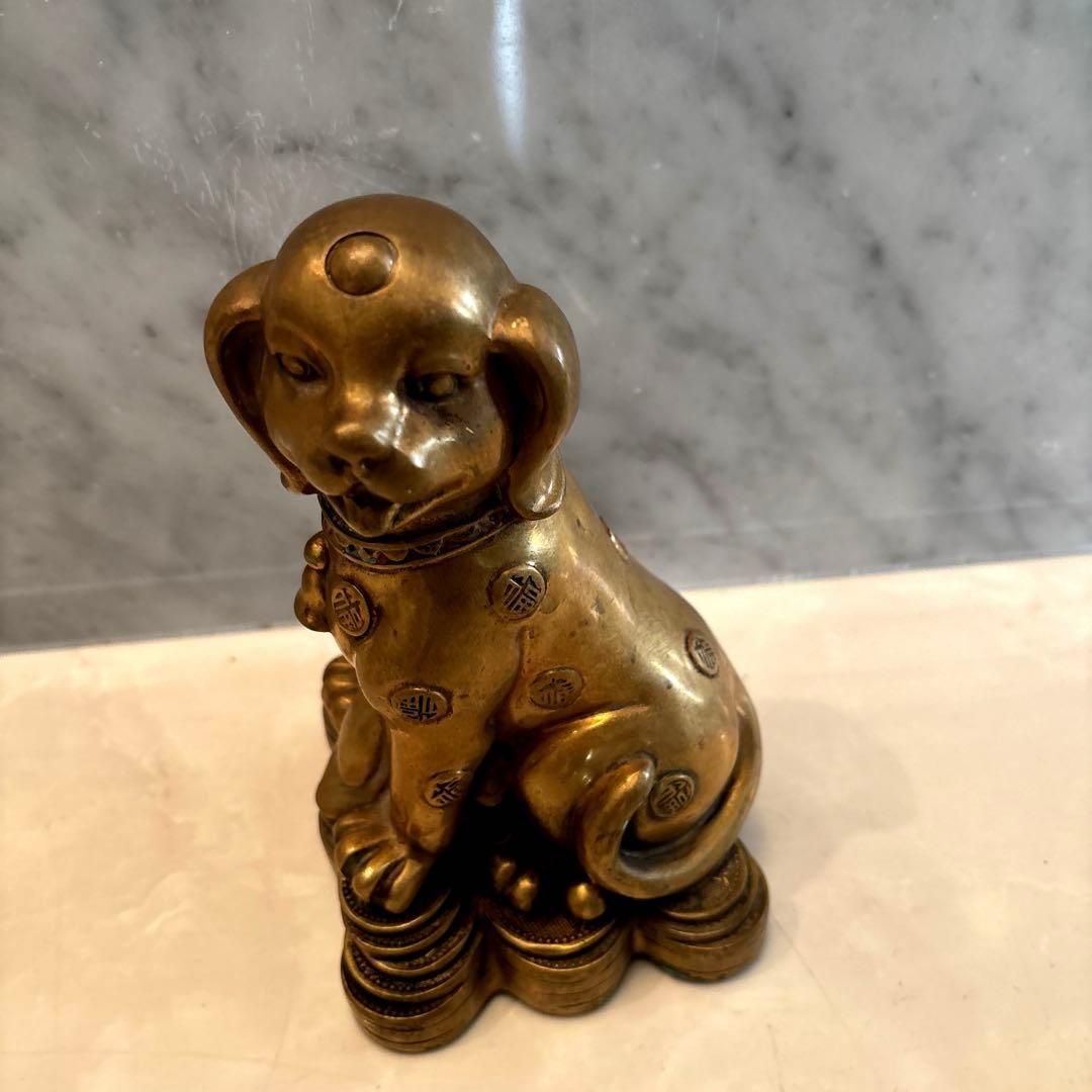 中国アンティーク　ゴールドに輝く可愛らしい犬の子宝祈願の真鍮製のオブジェ