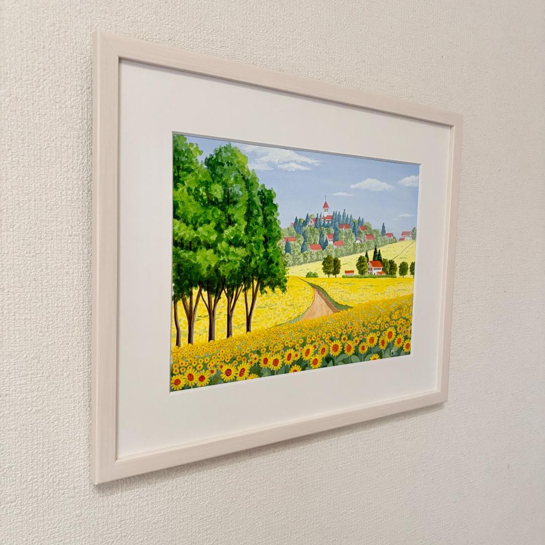 アクリル画　原画　「ひまわりの丘11」額縁付　F4サイズ　風景画