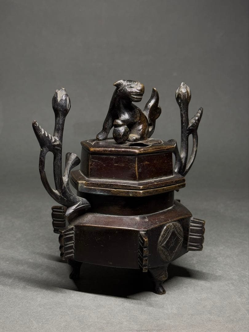 銅製 香炉 獅子蓋 銅炉 銅器 香道具 茶道具 仏具 台付 箱付