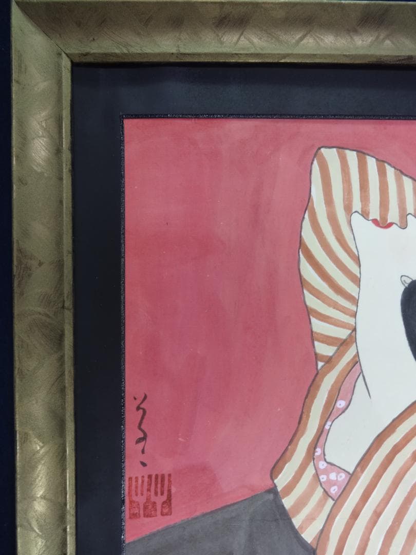 竹久夢二 着物美人 肉筆水彩画・夢二式美人 だらり帯・大正ロマン・ty06g
