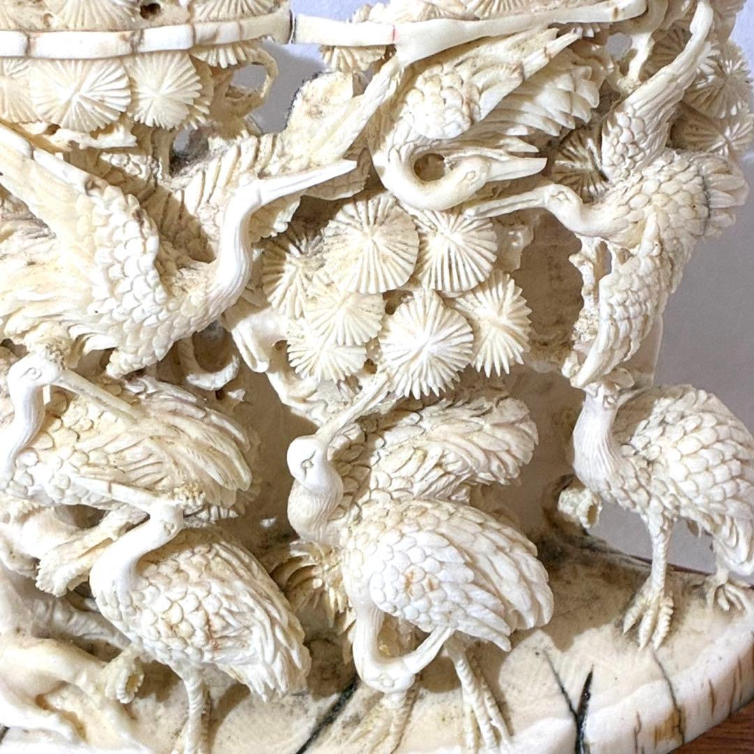 マンモス牙彫刻　細密彫刻鶴