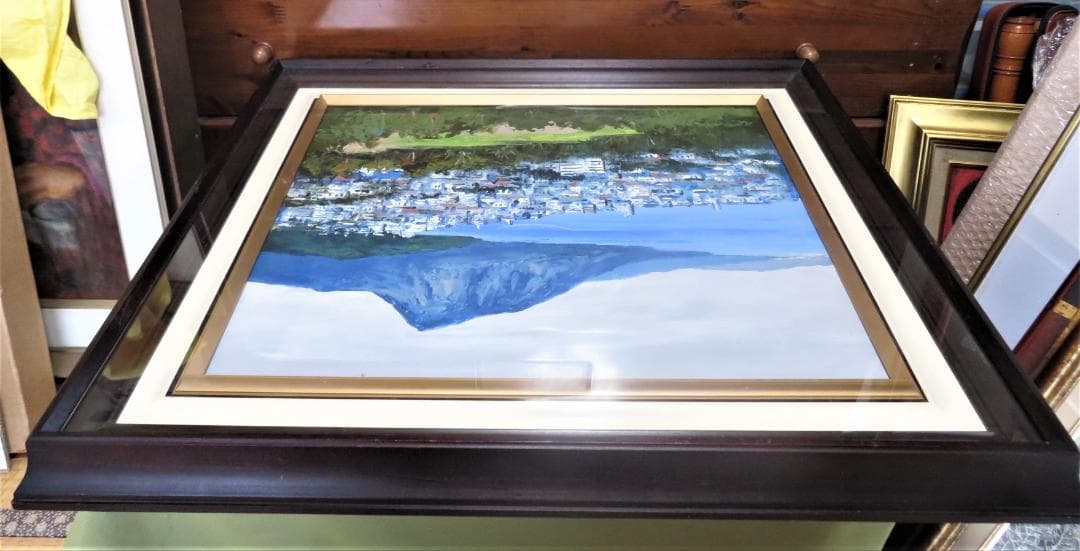 国立秀雄　「別府湾」　油彩F10号　大分県、別府湾と高崎山の情景　真作保証