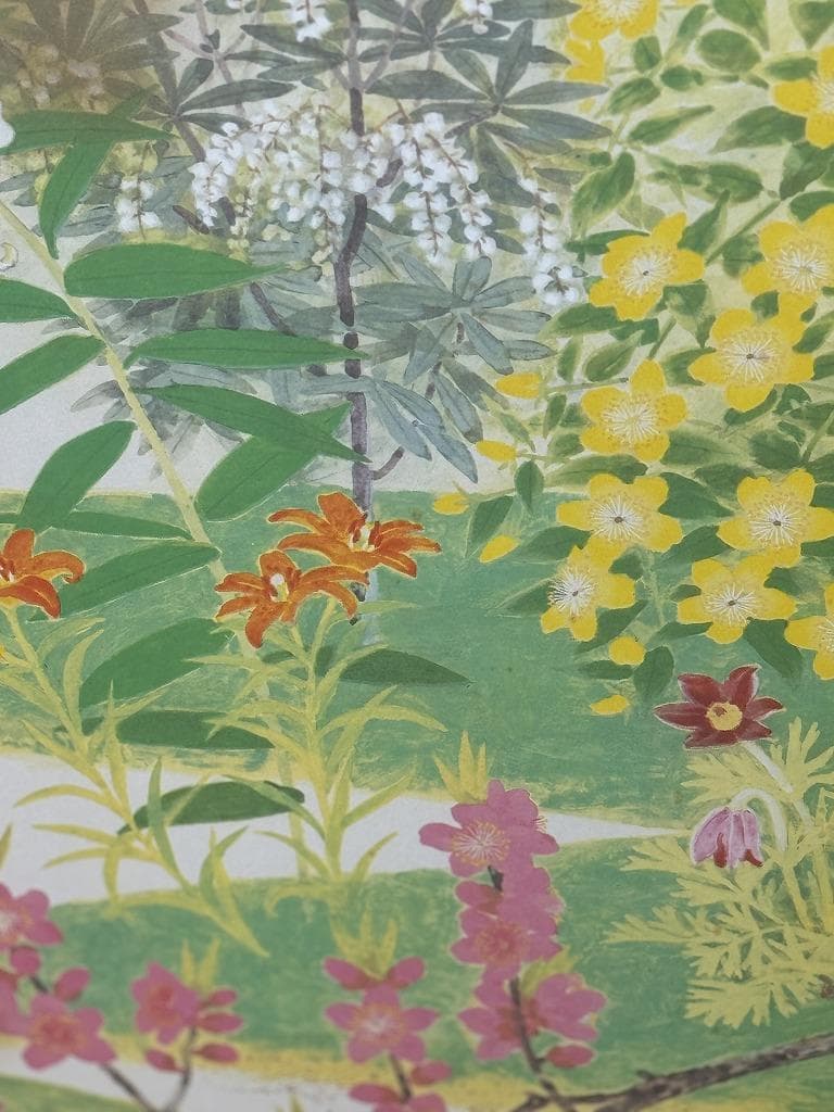百花繚乱！「万葉百花百草」装飾銅金具付　二曲屏風　木下章