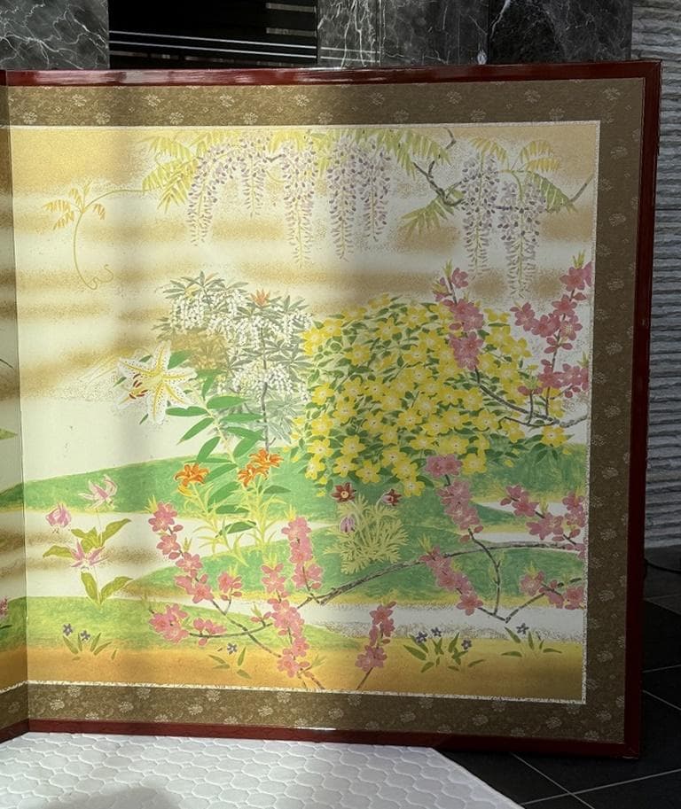 百花繚乱！「万葉百花百草」装飾銅金具付　二曲屏風　木下章