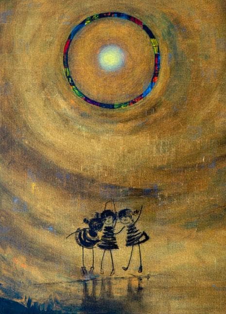 油絵 菅家令子 絵 絵画インテリア額付(青緑＋金色の枠) F4-081014子供