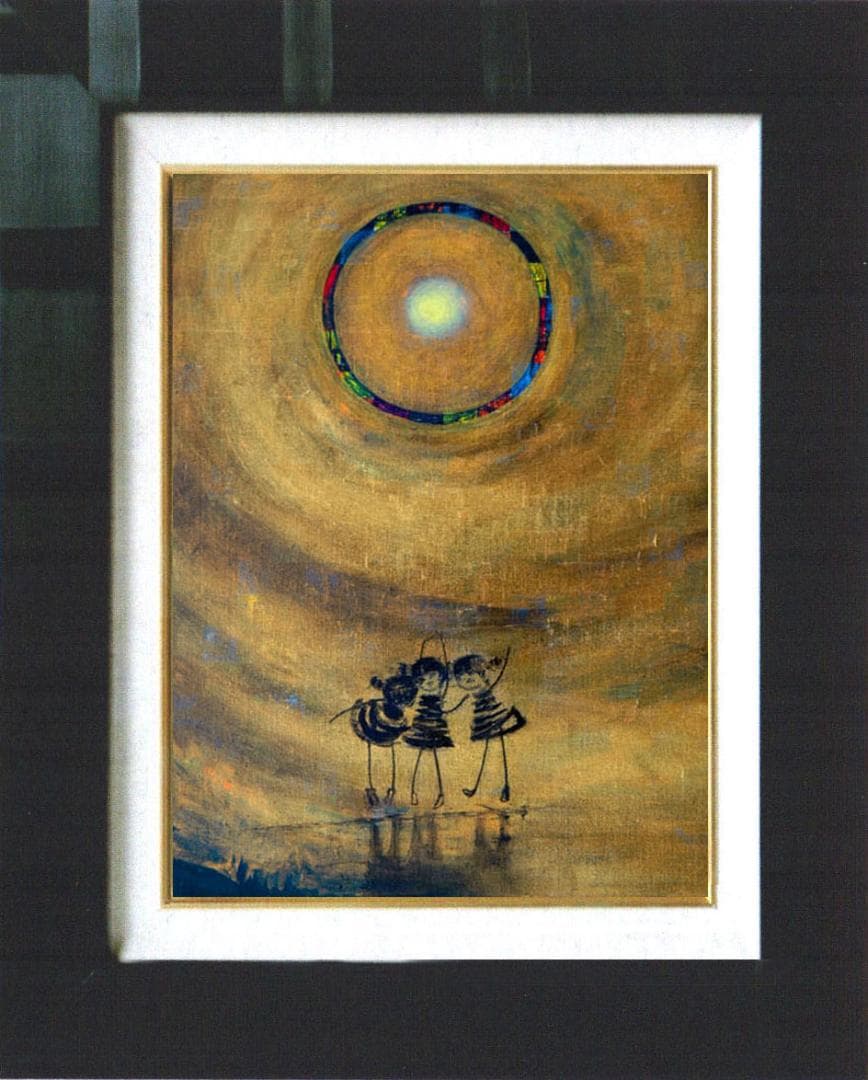 油絵 菅家令子 絵 絵画インテリア額付(青緑＋金色の枠) F4-081014子供