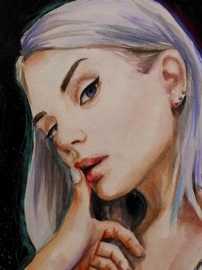 イラスト原画　銀髪少女の眼差し「の女」