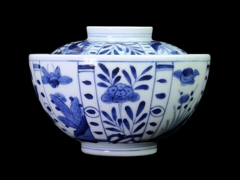 古伊万里　染付　芙蓉手　花鳥紋の図　大振蓋茶碗　F319AS-CXz