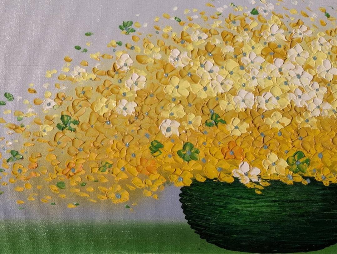 【真作】絵画　作者不詳　油彩　花　バスケットに咲く黄色い花の温もり　U12