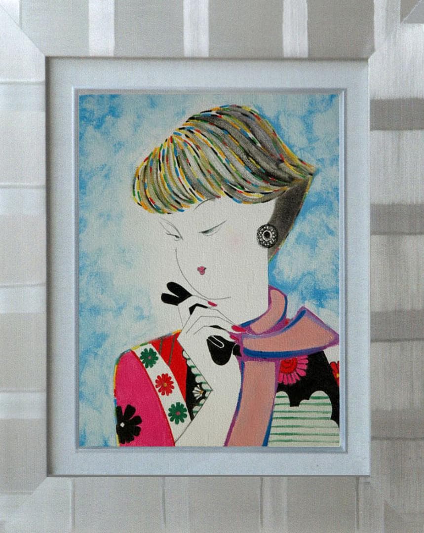油絵 菅家令子 絵 絵画 インテリア 額付(青緑＋銀) F3-010311 女性
