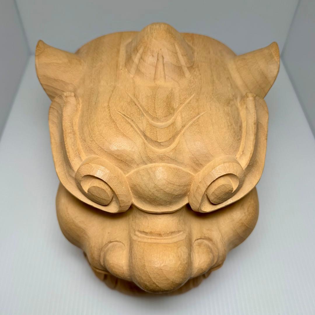 未使用 木彫 獅子頭 横山一夢作 木製 獅子 置物 共箱 説明書 作家物