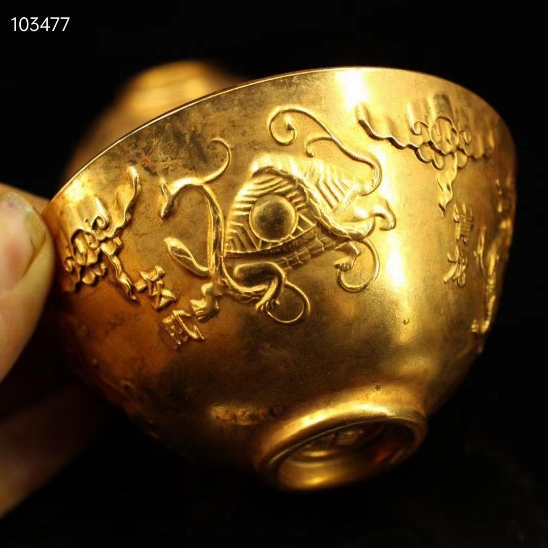 中国古美術・旧蔵收・純銅・純手作り・鎏金四神獣供碗一セット・ 茶道具・置物・食器
