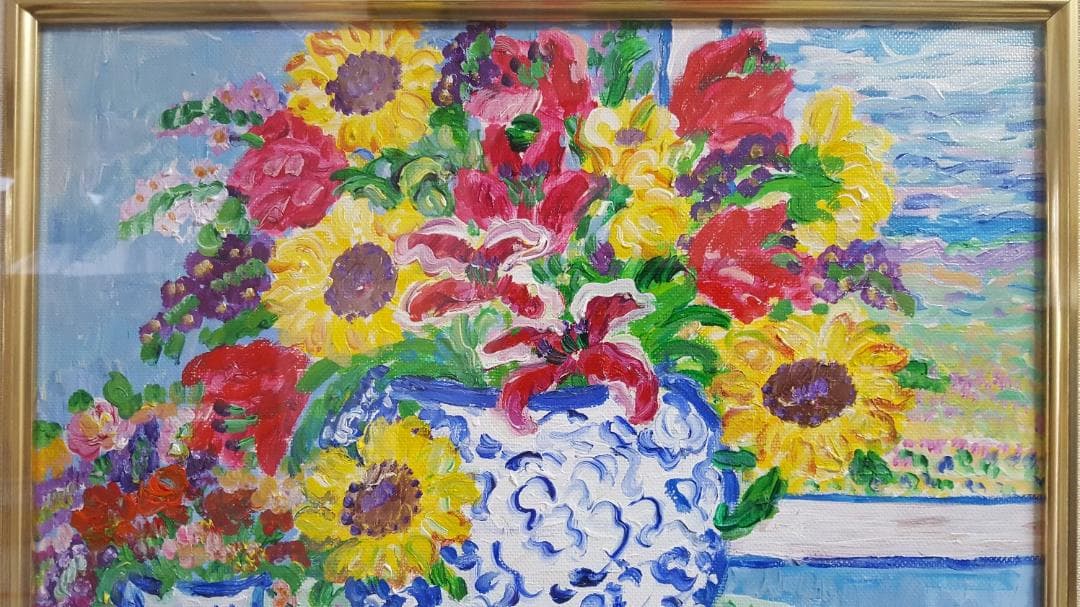 【真作】レスリーセイヤー「ひまわりの花瓶」油彩　4号
