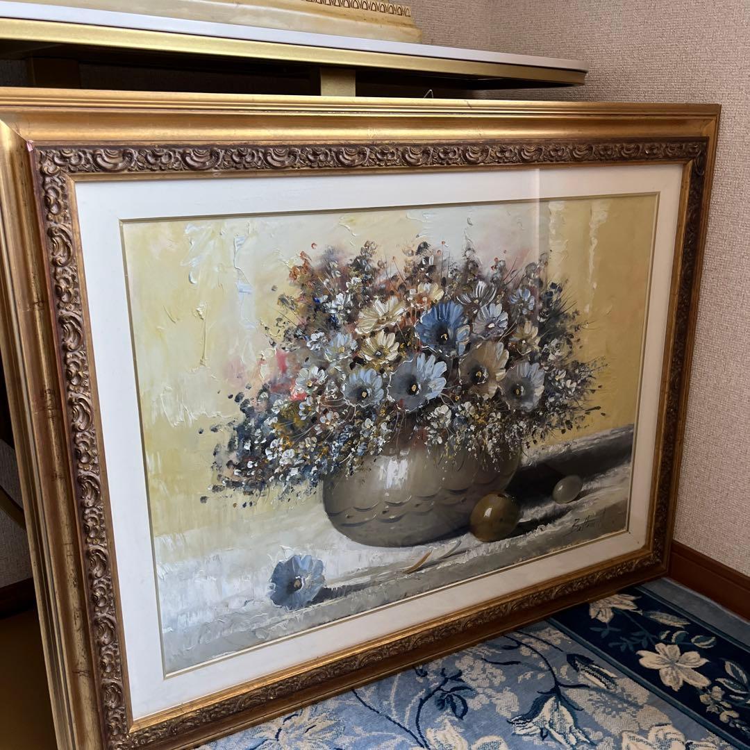 【更に値下げしました】花瓶の花 油彩画 大きめ 金色フレーム