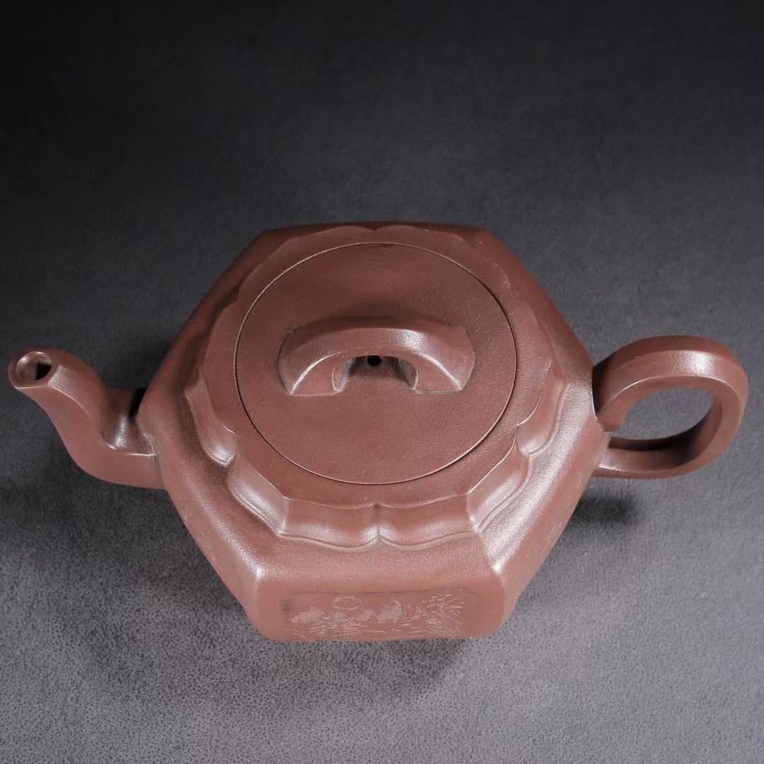 中国古美術・六角紫砂壺・ 底款:范大生・宜興原鉱・紫泥急須・茶壺・茶道具・置物