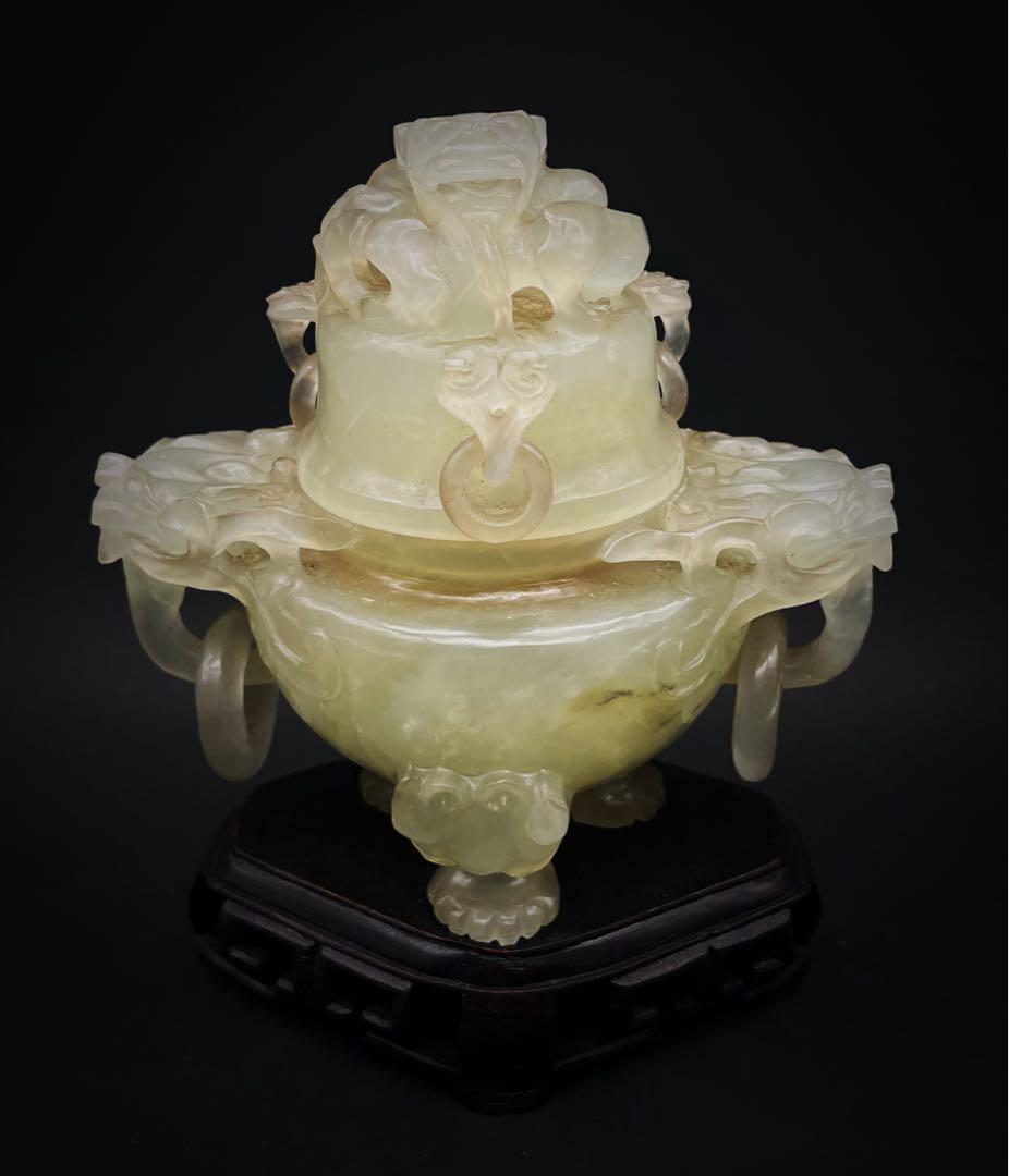 中国美術 古玩 龍紋獸足香壚 青玉香爐 香道具 台座付き