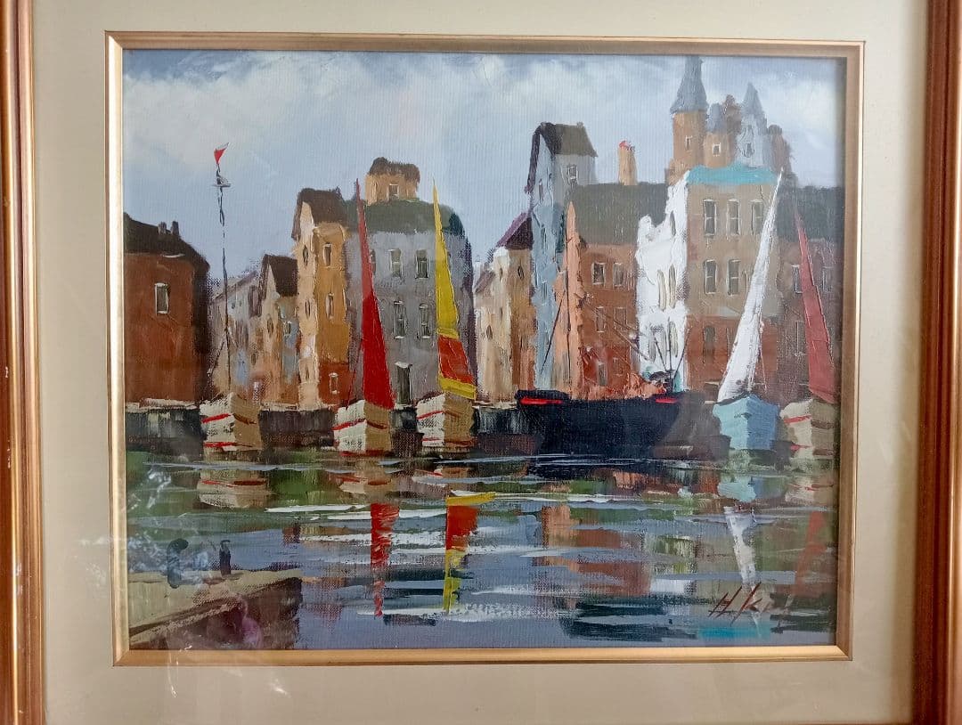 額縁付 １点物 油彩画 黒沢久 風景画『オンフルール』56 × 63cm