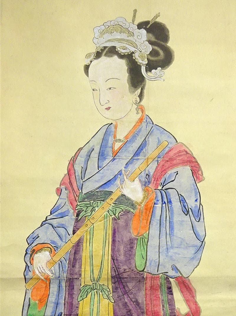 【模写】大幅掛軸 仇英『笛持美人図』中国画 紙本 肉筆 掛け軸 a010914