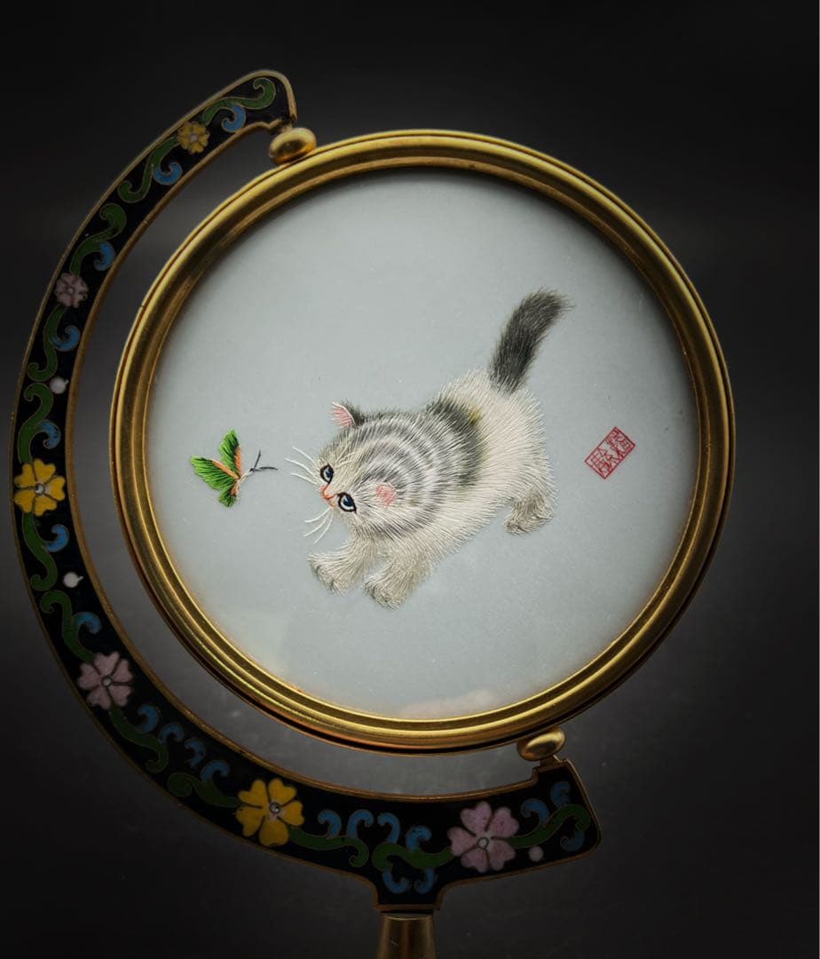 中國美術 七宝焼 景泰蓝 猫 蝶々 蘇繡 雙面繡