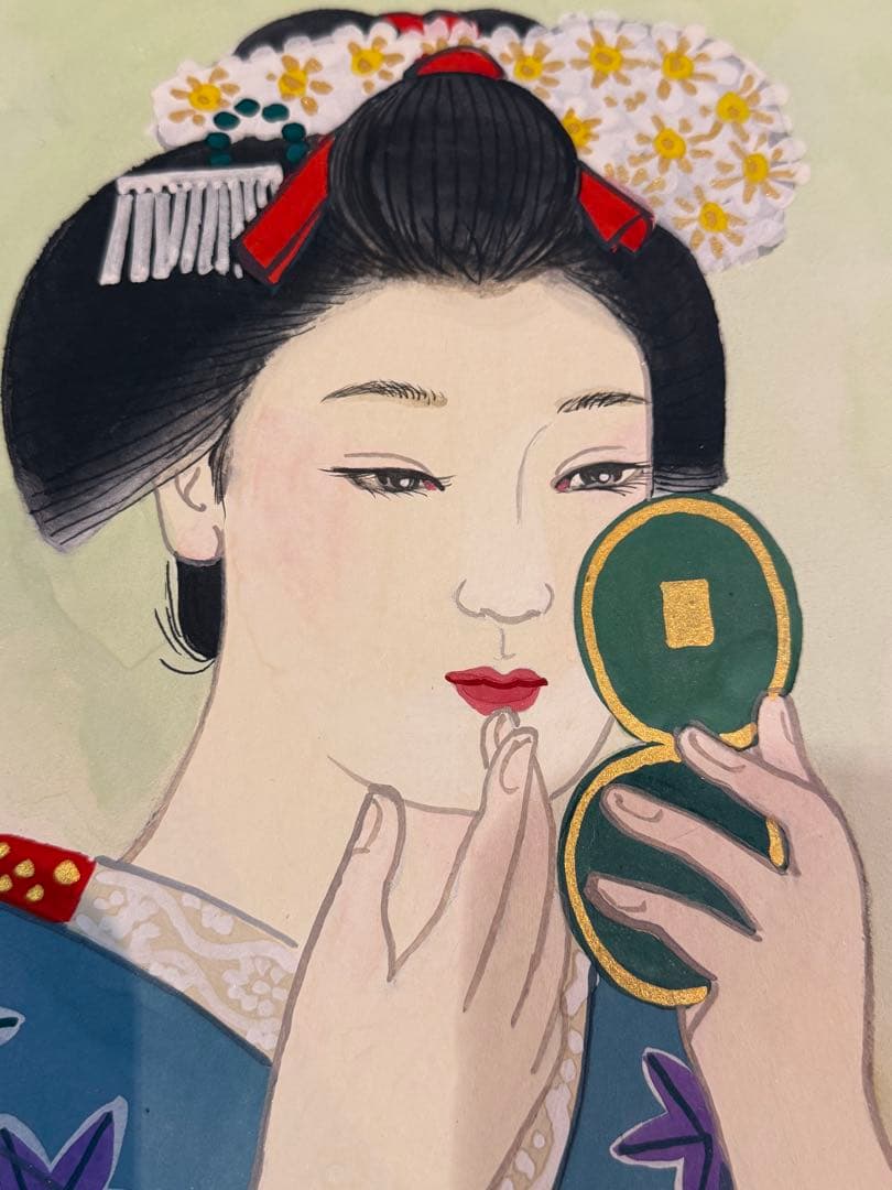 【真作】宮下柚葵「岩彩」日本画 約8号 額裏共シール 美人画重鎮