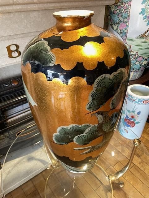 アジアンデザイン 花瓶 松の木と鳥
