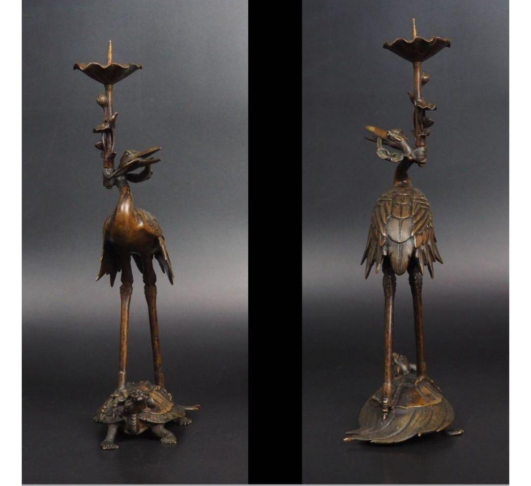 送料無料　江戸～明治時代　古銅鶴亀燭台　精巧細密作り　極上品　高29ｃｍ