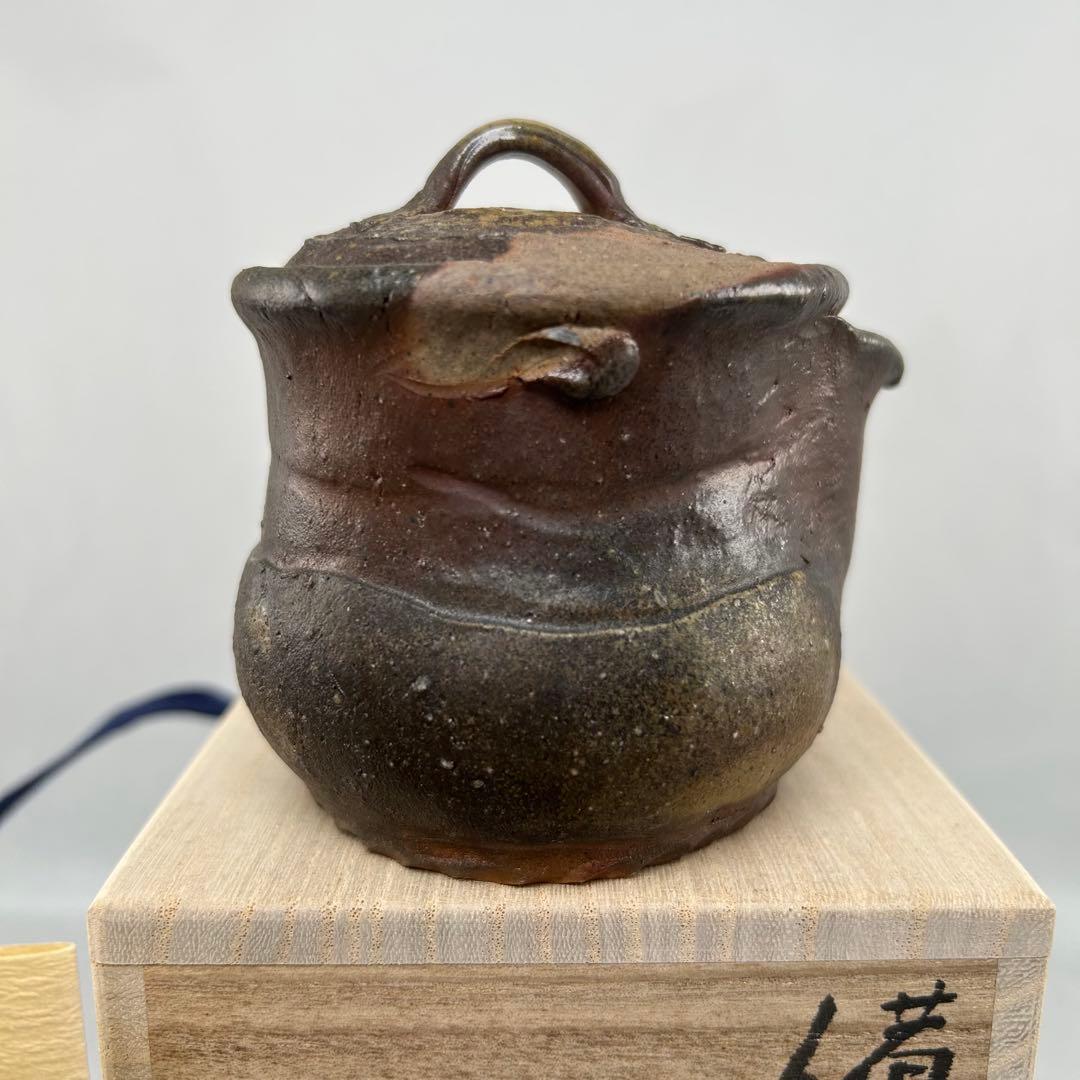 D佐藤苔助 備前焼宝瓶 三方手捻り人気作者 急須 共箱 共布 茶注 煎茶 茶道具