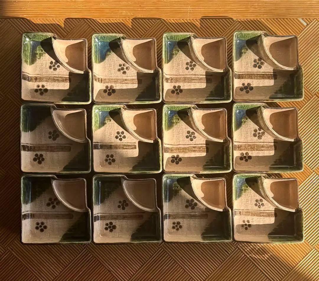 SNT1395 織部焼 伝統工芸品 脚付 変形角皿 向付け 12客 割烹 料亭