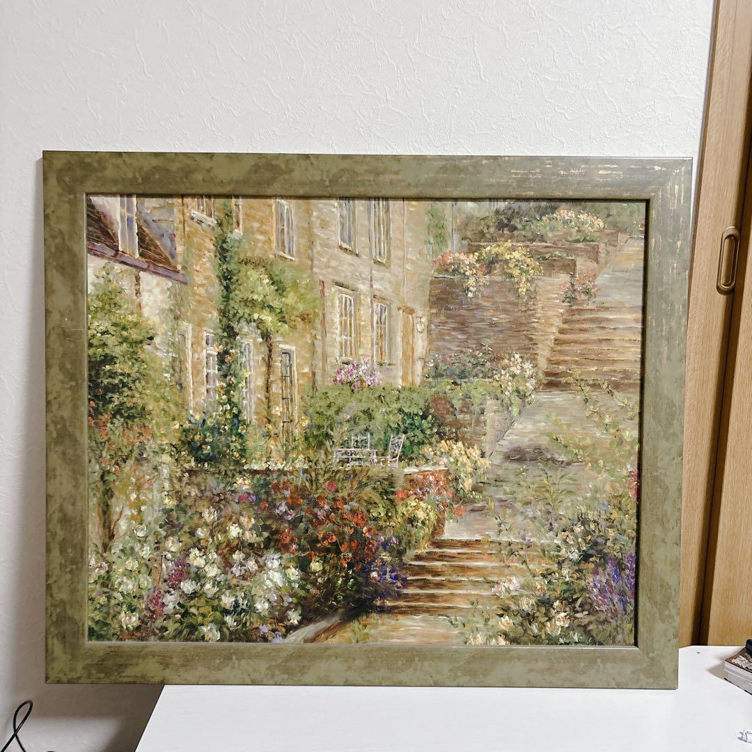 【美品】ロンゴ『パティオガーデン 階段と花壇』風景画 額装 大型 縦76×横91
