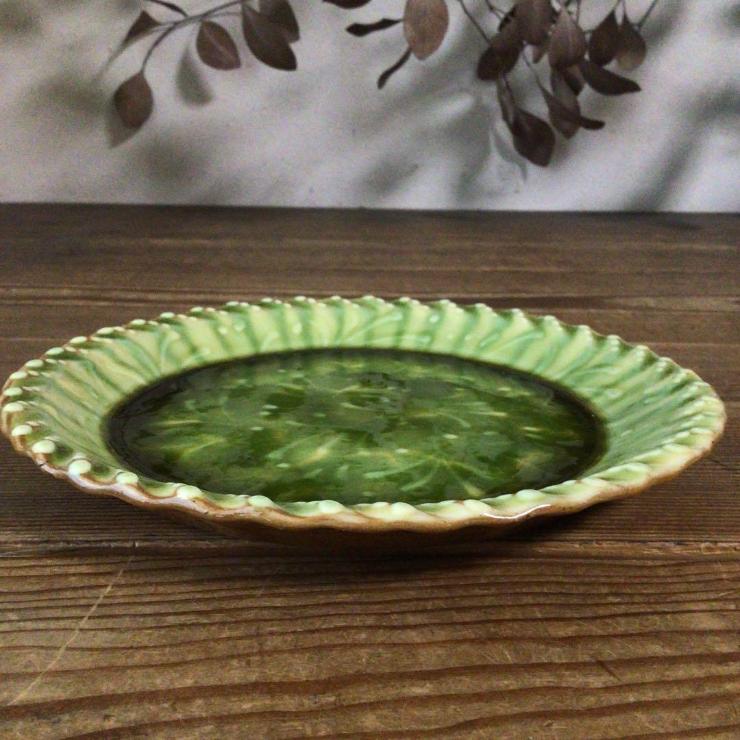 No4975 布志名焼　船木伸児　緑釉丸皿　共箱/栞付　島根県　民藝　送料無料