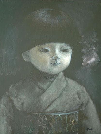 油絵 菅家令子 絵 絵画インテリア額付(白) F6-080118 市松日本人形