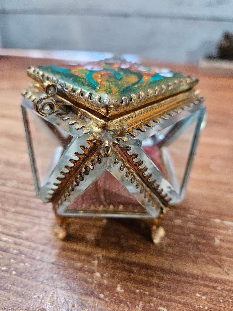 フランスアンティーク カットガラスの宝石箱 全面ベベル硝子 ジュエリーボックス