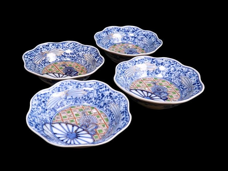 大聖寺伊万里　　微塵唐草に菊の図　小振輪花膾皿　４客　F498AS-fbvi