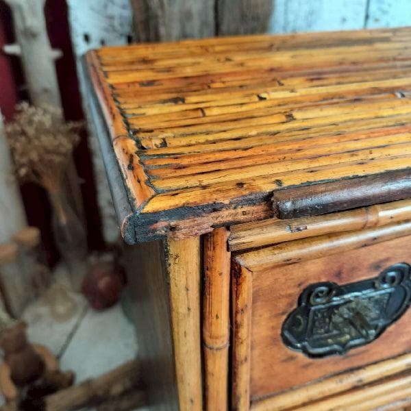 斑竹細工 煎茶棚 小箪笥 抽斗 引出 飾棚 花台 木製 漢詩金具 古美術品