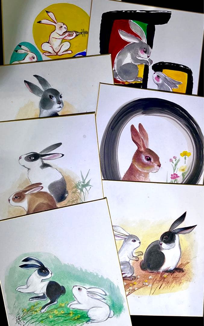中国著名画家：李庚画伯の肉筆色紙作品（2枚）と芸大先生の肉筆色紙作品（兎）7枚。