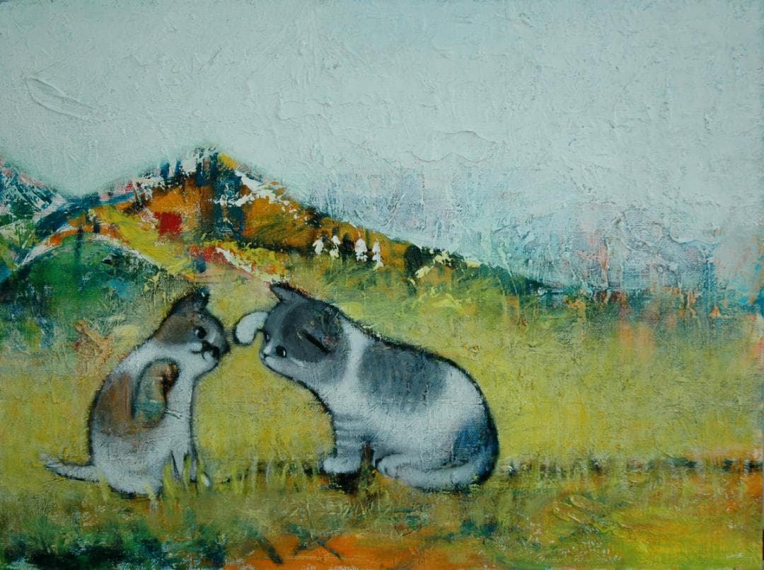 油絵 菅家令子 絵 絵画インテリア 額付(黒) uF6-050520 可愛い子猫